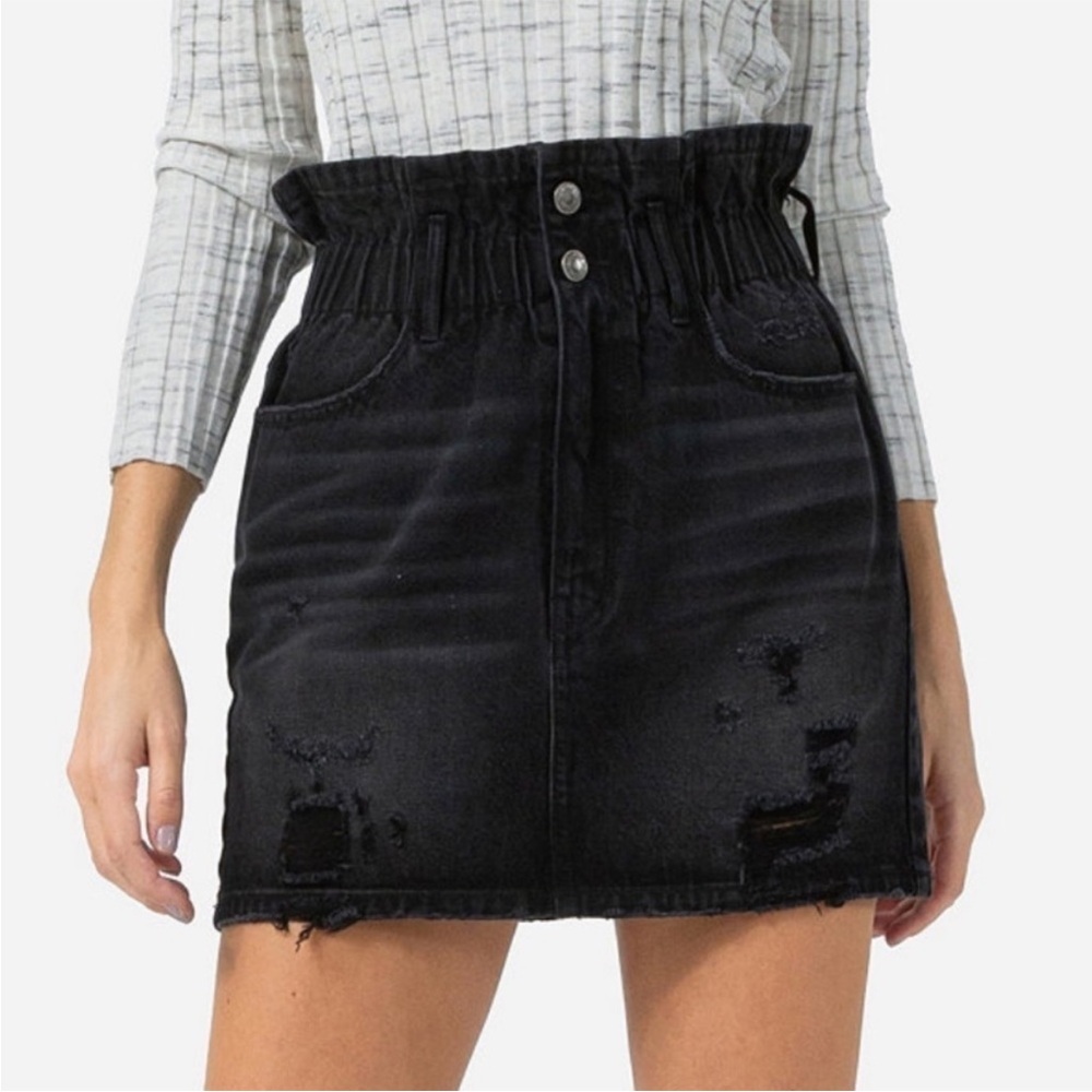 Vervet High Rise Paperbag Waist Mini Jean Skirt Distressed Black Size Medium